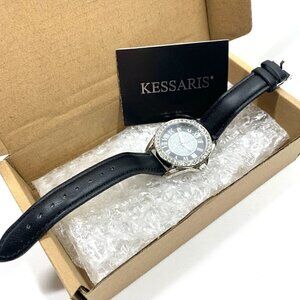 Kessaris Crystal Studded Analog Watch Black/silver Stainless Steel Faux Leather
